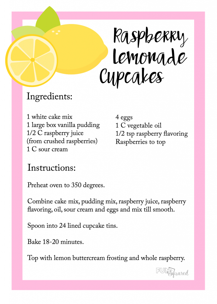 Raspberry Lemonade Cupcakes Recipe Card