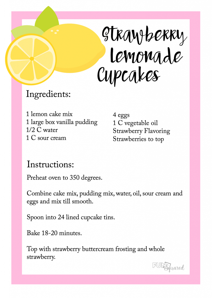 Strawberry Lemonade Cupcake Recipe Card