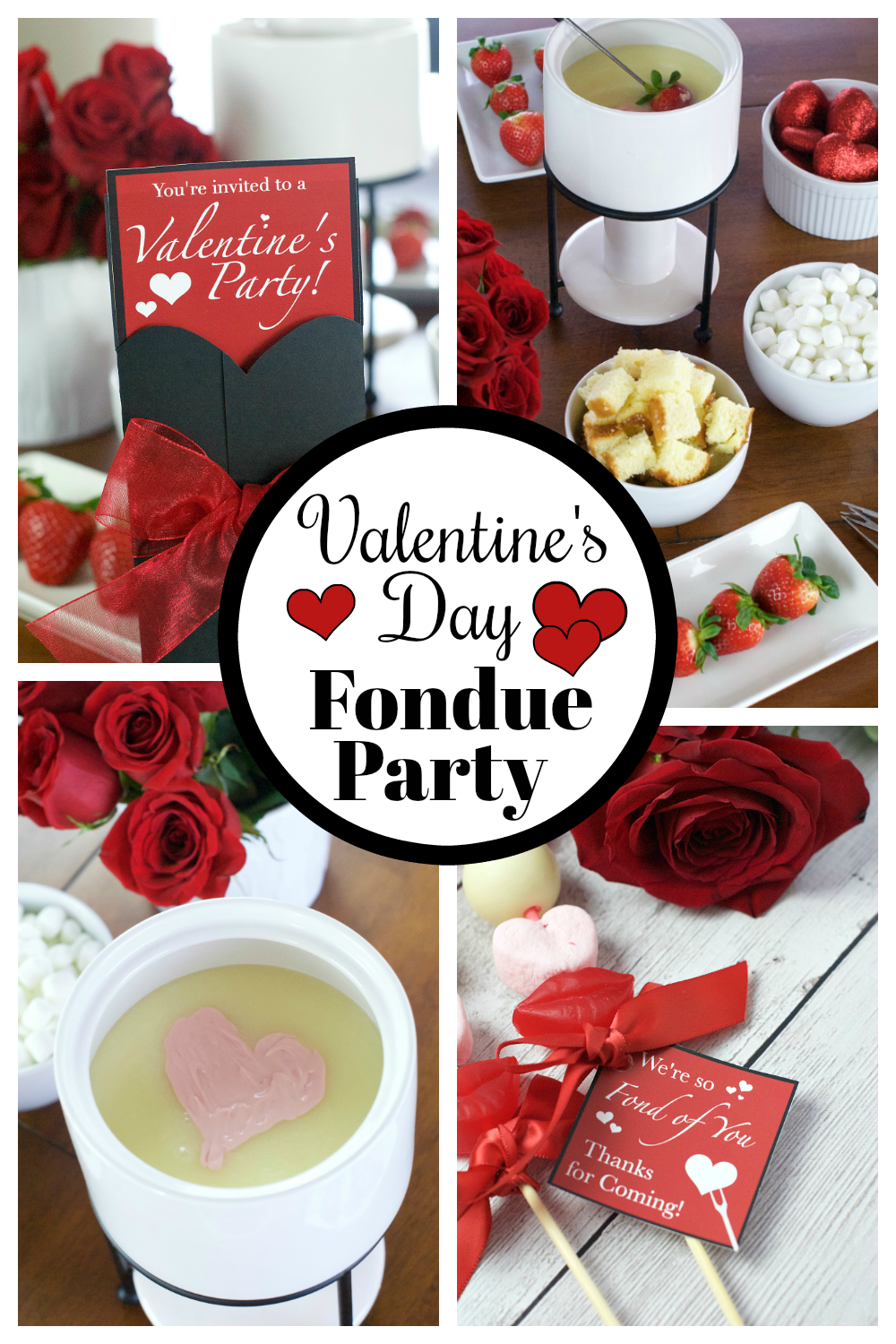 Fun Valentine's Day Party Ideas. We have everything you need for the perfect Valentine's party. Invitations, a fondue recipe, and party favors. Fun and simple, perfect for your next Valentine's Day. #Valentinesdayparty #Valentinespartyideas #fondueparty #Valentinesdaypartyforcouples