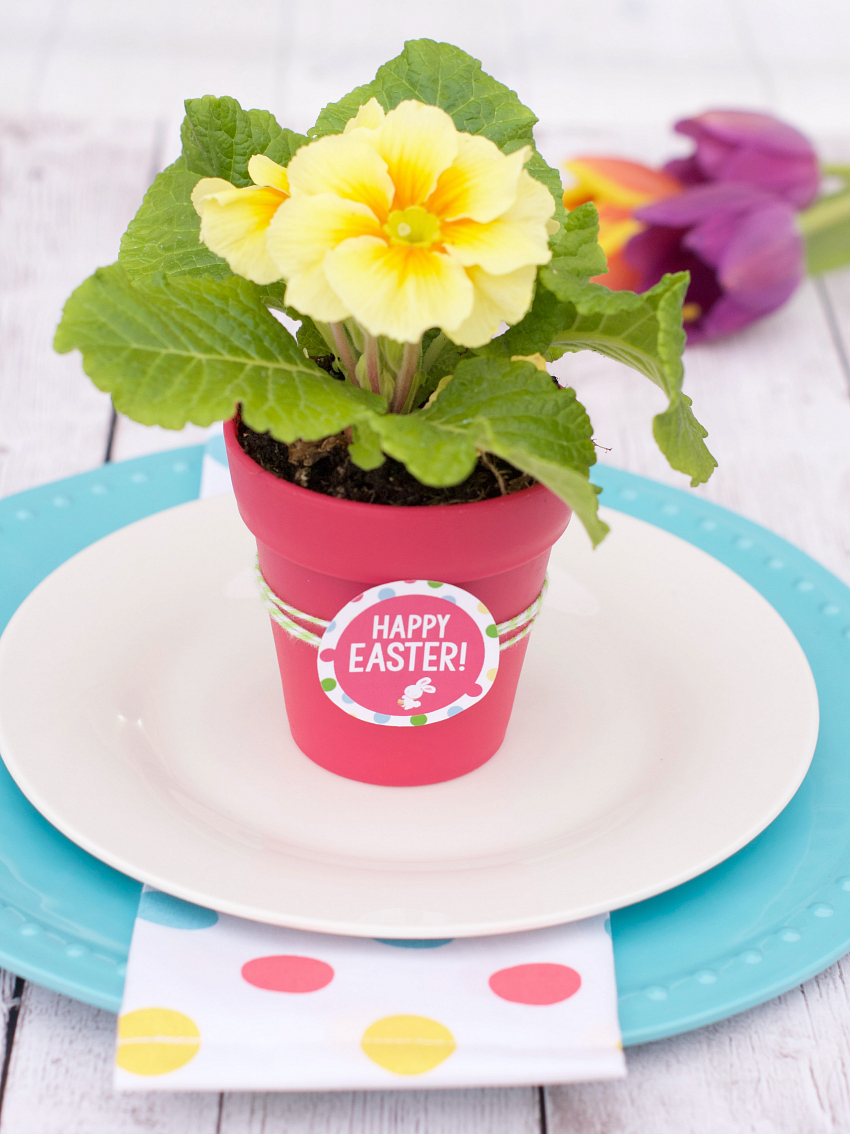 A plate topped with a flower pot that says Happy Easter