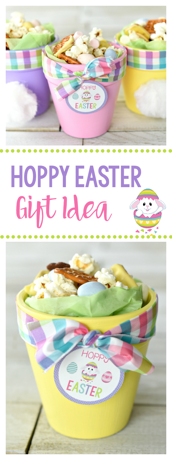 Cute Easter Gift-Bunny Pots Filled with a Fun Easter Snack Mix. This cute Easter craft idea is fun to do with the kids or to make as an Easter gift for friends! Plus the snack mix tastes amazing! #easter #snacks #crafts #eastercrafts