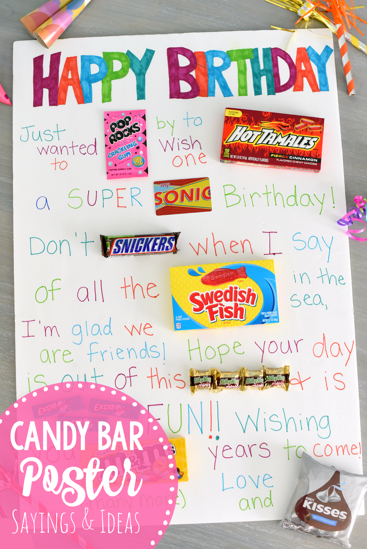 Candy Posters-Looking for ideas for a candy poster for a birthday? Use these ideas (and we have more) to put together a personalized one for someone you love! #birthday #birthdays #birthdaygift #gifts #birthdaygiftideas #happybirthday #candyposter #candy