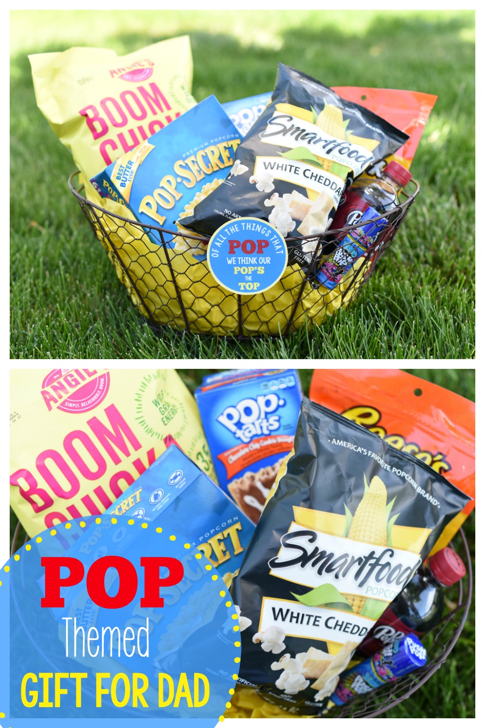 DIY Father's Day Basket Ideas-Fill a basket with all things POP for a cute pop themed Father's Day gift basket for Dad. So easy to make and fun to give! #fathersday #giftsfordad #dadgifts #fathersdaygift #fathersdaygifts