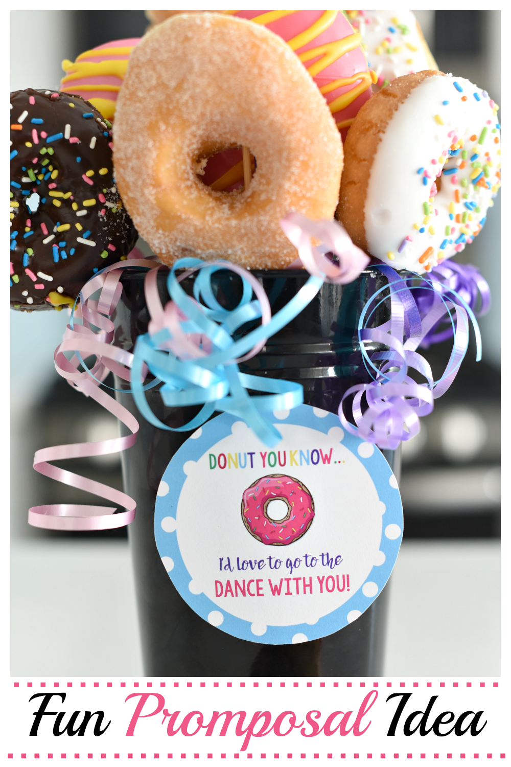 Fun promposal ideas. Need a fun way to ask a gift to homecoming? We have this fun donut bouquet for you. so simple and so fun. #promposal #danceinvitation #homecoming #prom