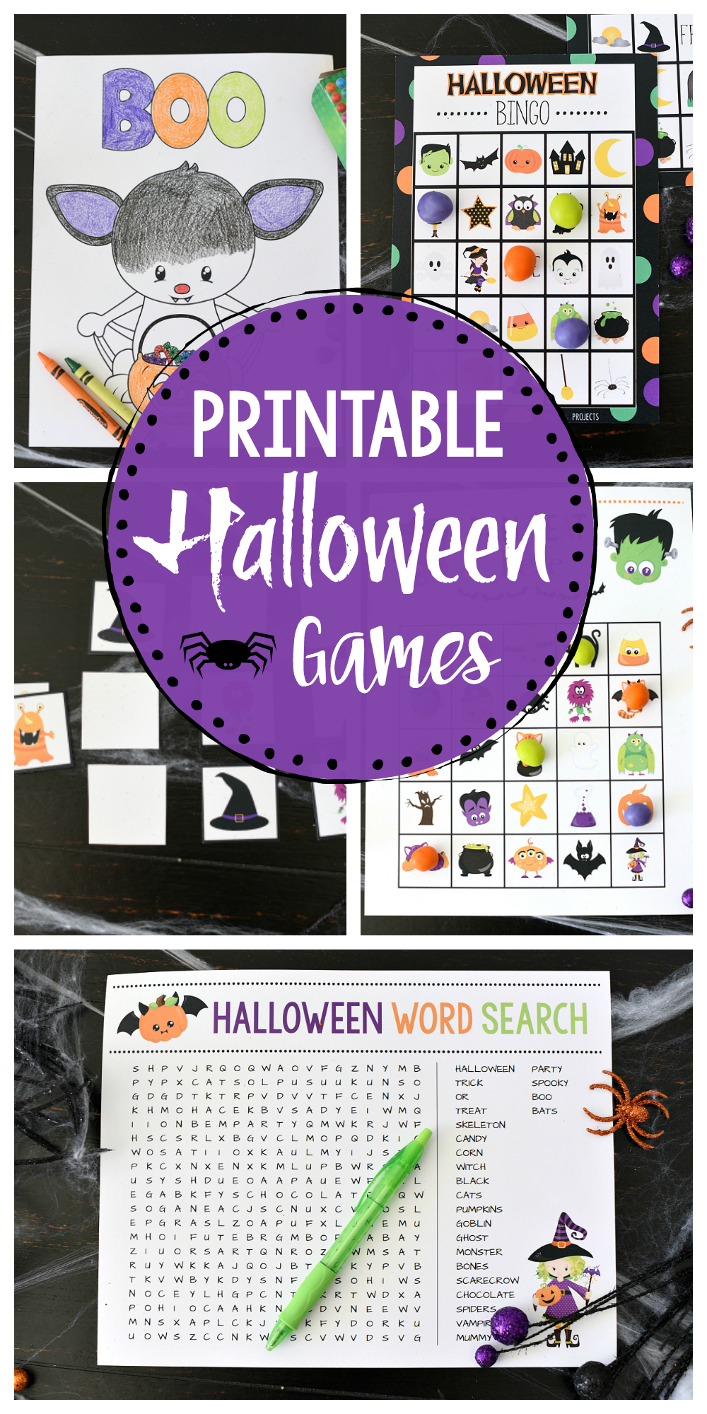 Cute Printable Halloween Games for Kids to play at Halloween parties! Don't Eat Pete, Halloween Bingo, Halloween Word Search, Memory and Coloring Pages #Halloween #kids #games #Halloweenparty