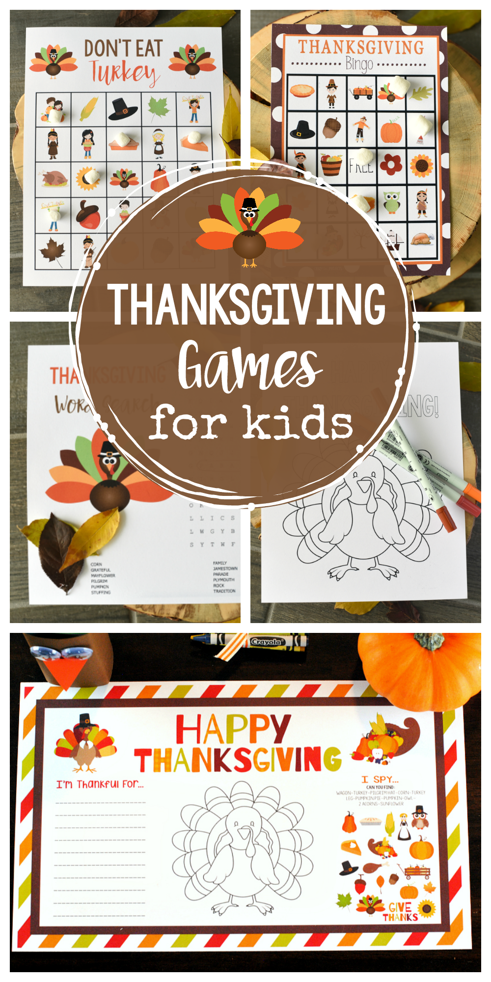 Thanksgiving Games and Activities for Kids-Print and play these fun games and activities for kid while the turkey cooks! Thanksgiving Bingo, word search, coloring pages and Don't Eat Pete. #thanksgiving #thanksgivingfun #kidsactivties