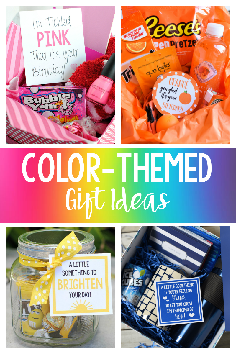 Color Themed Gift Basket Ideas-Whether you need a birthday gift, a thank you gift, or just want to brighten someone's day, these color themed gifts are fun to give and to receive! #birthdaygifts #justbecausegifts #thankyougifts #giftideas #giftbaskets #colorthemedgifts