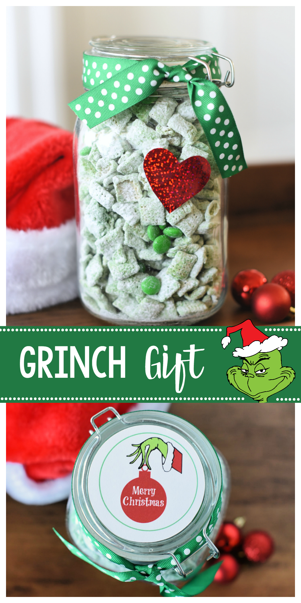 Grinch Gift Idea for Christmas-Fill a jar with this Grinch mix (peppermint muddy buddies) and add a red heart and this cute tag and you've got a fun gift for friends or neighbors! #grinch #merrychristmas #christmasgifts