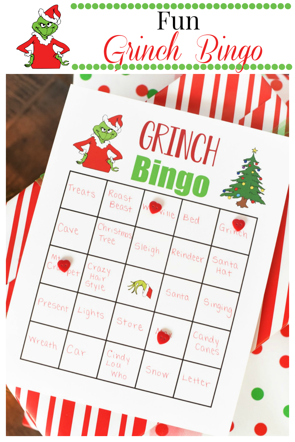 Grinch Bingo. This fun bingo game is perfect to play at your next Grinch Christmas party. Free Printable. #Grinchparty #Christmasparty #funpartygame #bingo #grinchbingo
