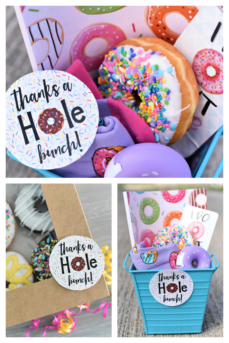 Donut Thank You Gift-Whether it's a teacher gift or something to say thanks to a friend, this make a great gift! Add a Thanks a Hole Bunch Tag to a box of donuts or make a whole gift basket and you've got a great gift! #donuts #teavhergifts #teacherappreciation #teacherapprecitiongifts #thankyougifts #giftideas