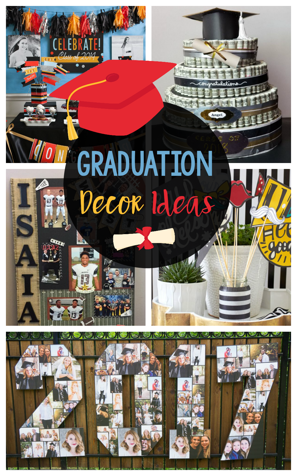 DIY Graduation Decorations and Ideas-Fun centerpieces, banners, and photo memory boards for your graduation party! #graduation #gradparty #graddecor