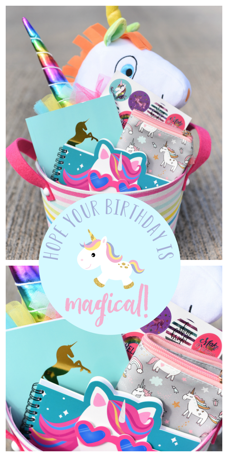 Unicorn Birthday Gifts-This fun unicorn birthday gift idea is perfect for any unicorn lover in your life! Fill a gift basket with fun unicorn themed items and add this cute "magical" tag for a great birthday gift for friends or little girls! #birthday #unicorn #unicorns #birthdaygifts