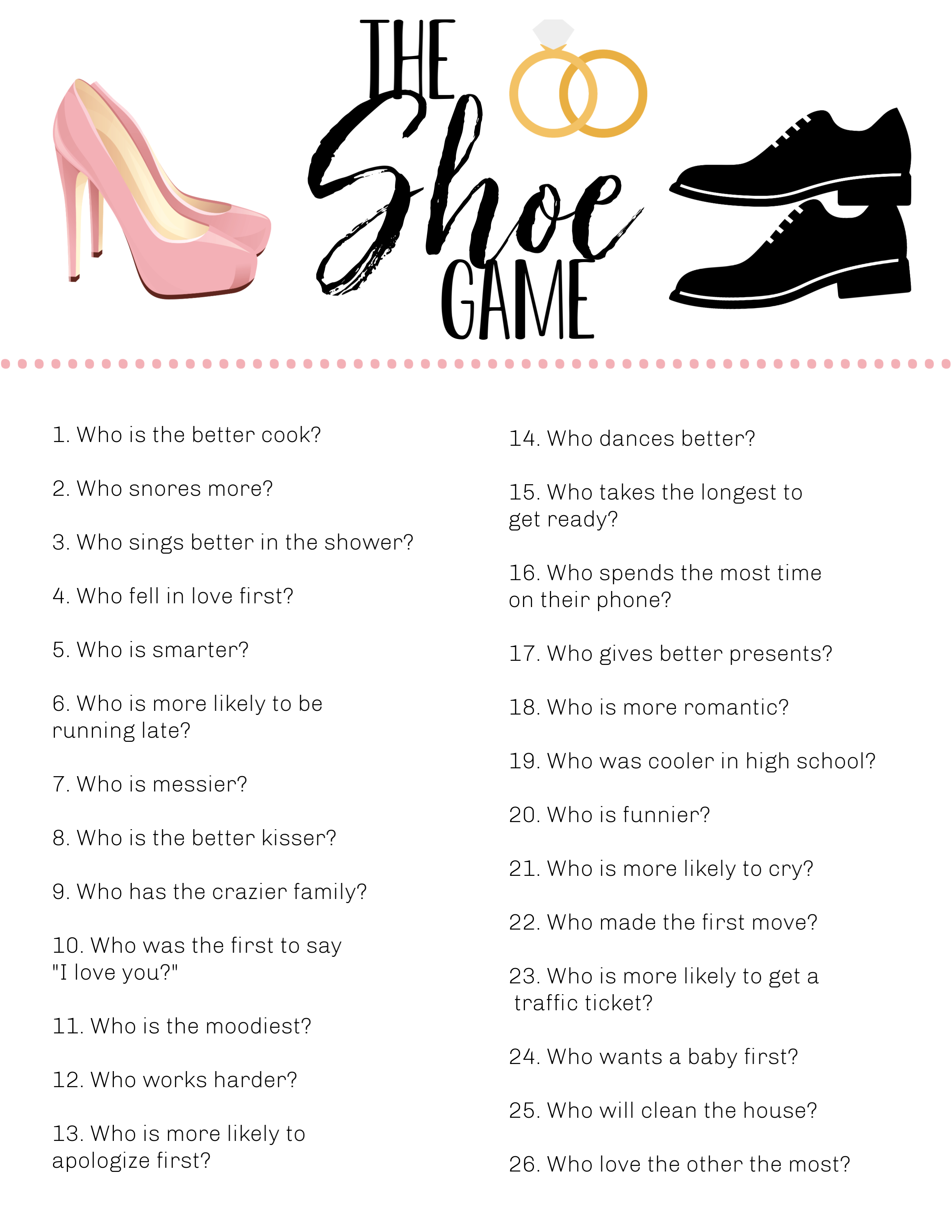 Wedding Shoe Game Printable with Questions to Ask