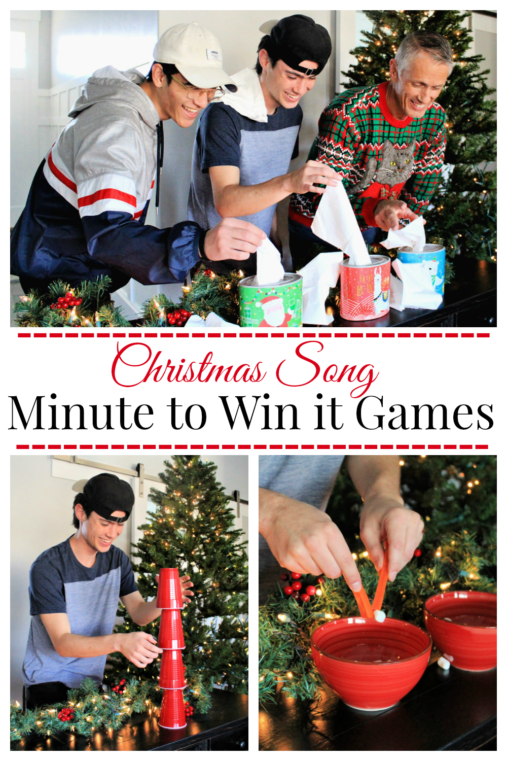 Christmas Minute to Win it Games! These fun Christmas song minute to win it games are a blast to play. Such fun and simple Christmas party games. #christmasgames #christmaspartygames #minutetowinitgames #oneminutegames #simplechristmasgames