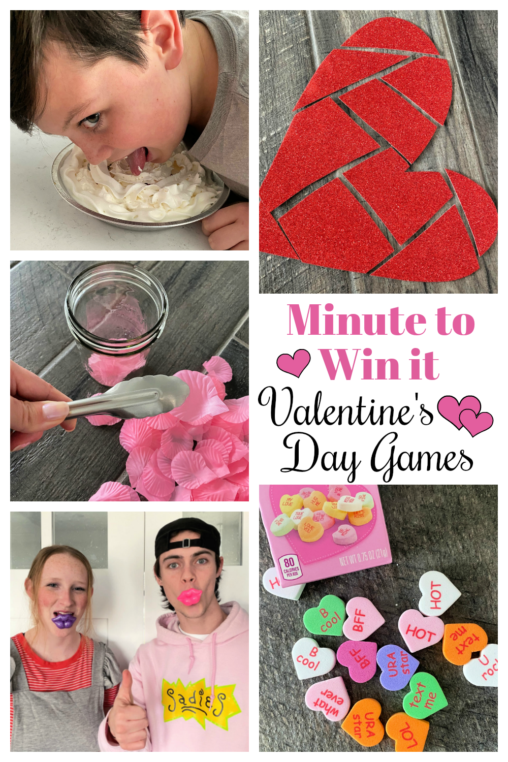 Valentines Games. These fun Minute to Win it Valentine's Day Games are perfect for your next Valentines party. Your guests will love these Valentines games! #minutetowinitgames #Valentinesdaygames #valentinesgames #minutetowinitvalentinesgames