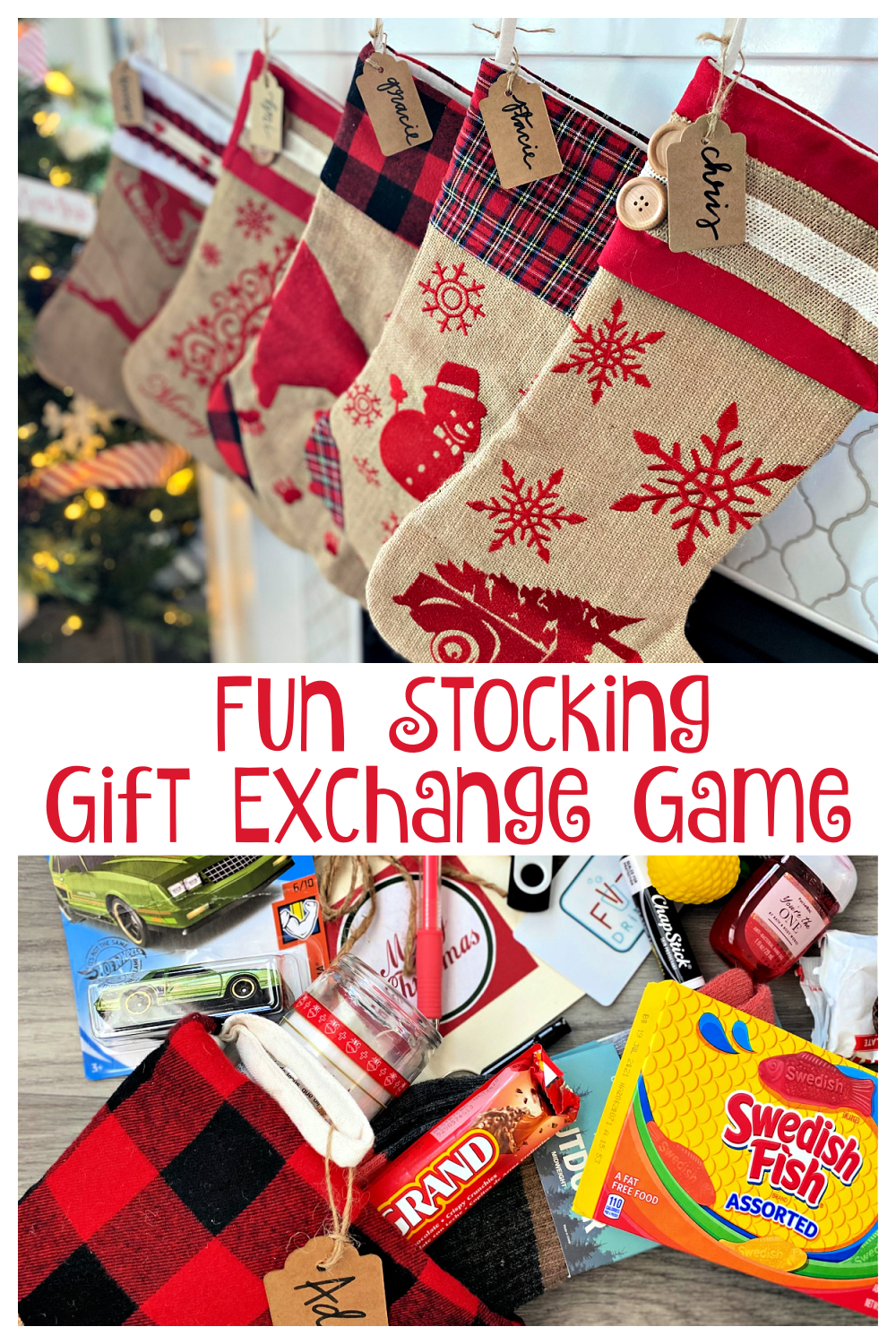 Stocking Gift Exchange Game. This fun gift exchange is perfect for any party and for all ages. #giftexchangegame #giftexchange #stockingstufferexchangegame